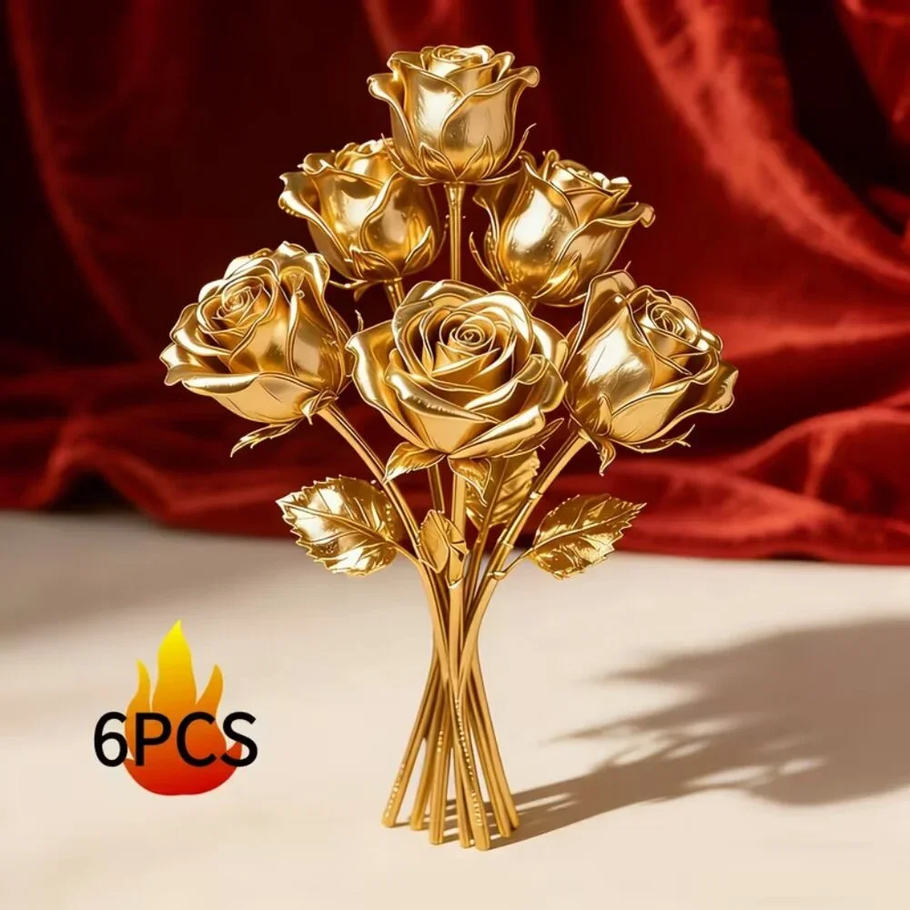 6 Artificial Golden Roses, Realistic Faux Floral Arrangement - NEW 10 L x 3.3 W